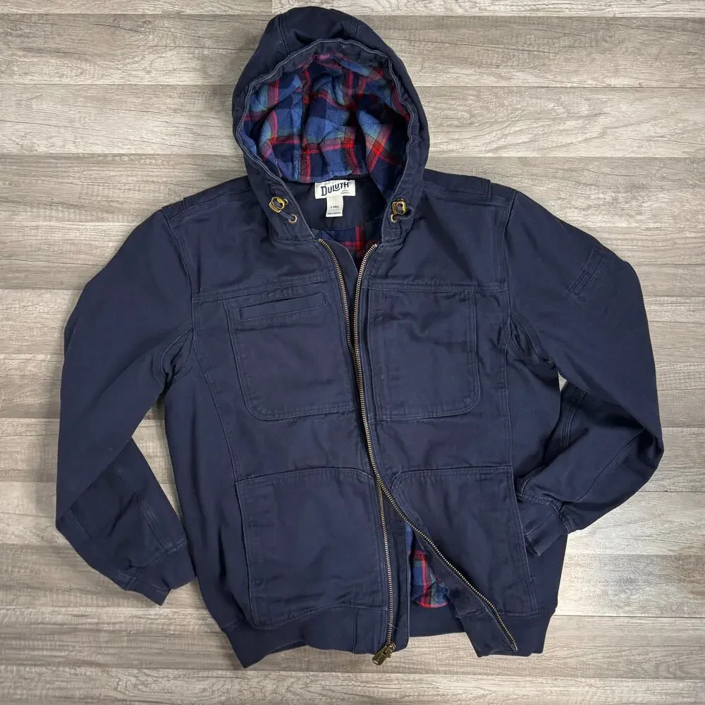 Duluth Trading Co Lined Hooded Navy Canvas Workwear Barn Jacket Coat Large Tall